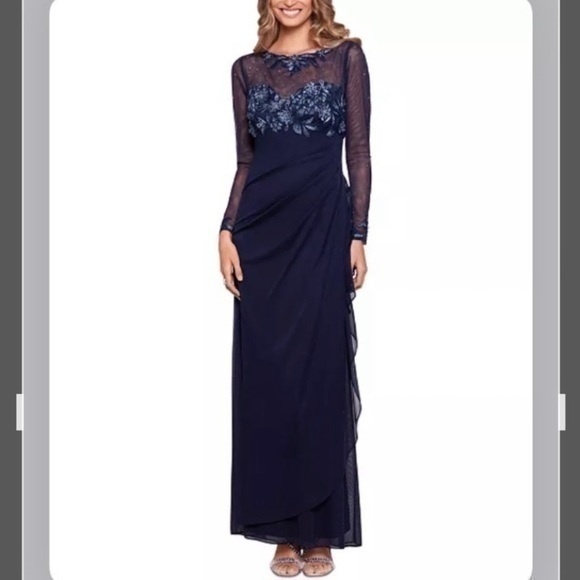 Xscape Dresses & Skirts - XSCAPE Lace Embroidered Sheer Long Sleeve Gown in Navy Blue